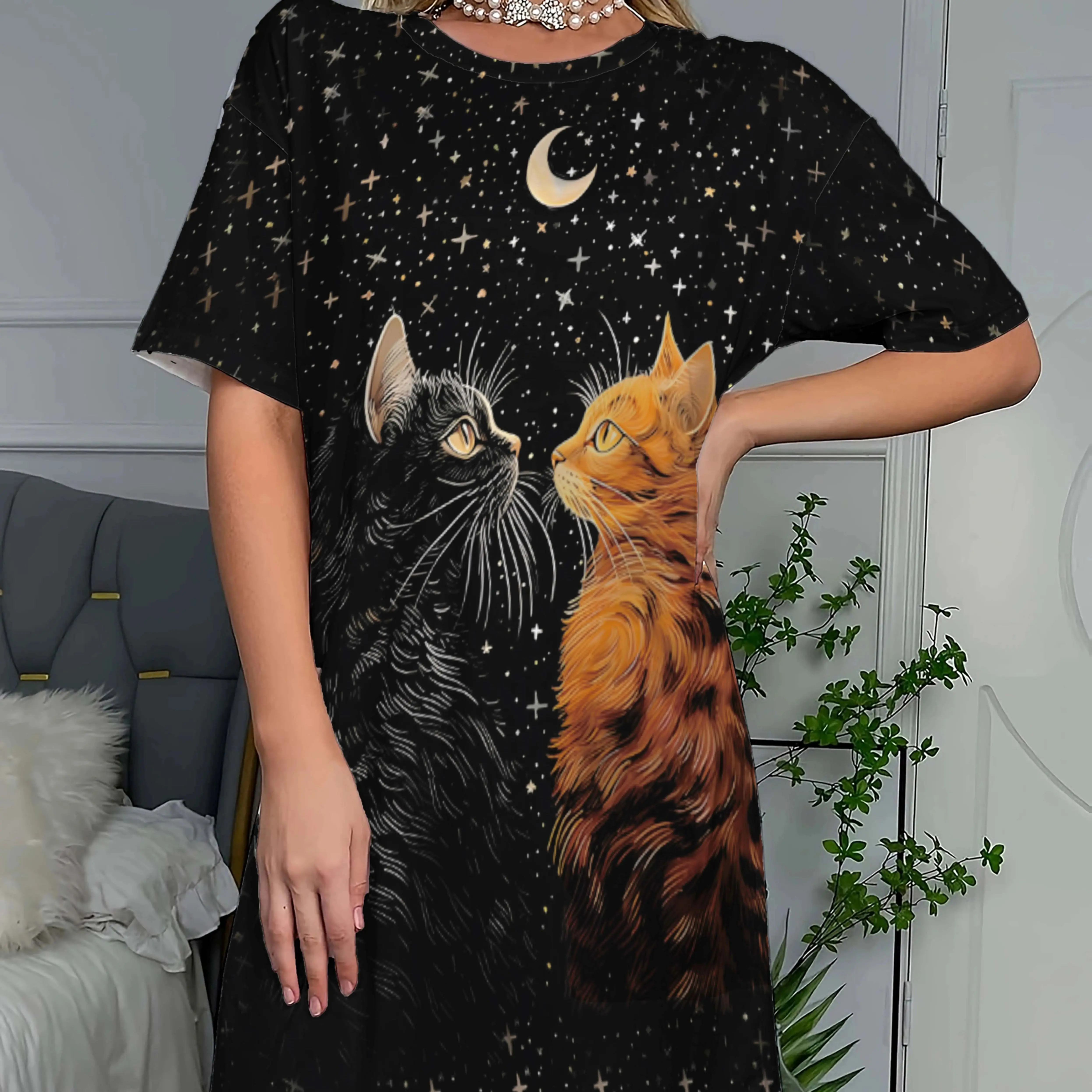 

Женская модная повседневная футболка со звездным небом и лунным разрезом, удобная повседневная футболка с короткими рукавами и круглым вырезом, ночная рубашка