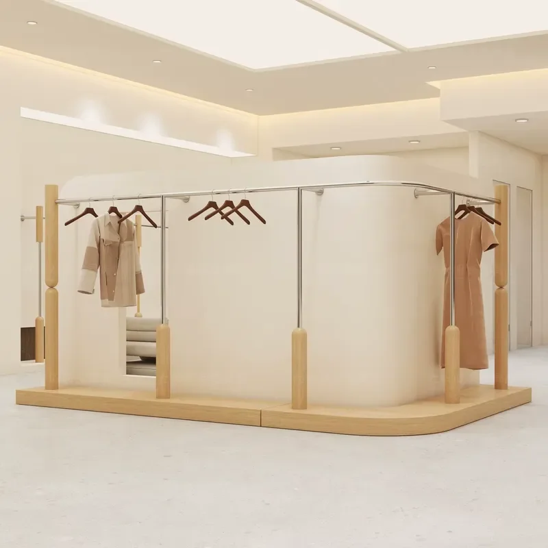 Fullsummer Walnut Finish Stainless Steel Wall-Mount Curved Clothes Rack with Board for Clothing Store