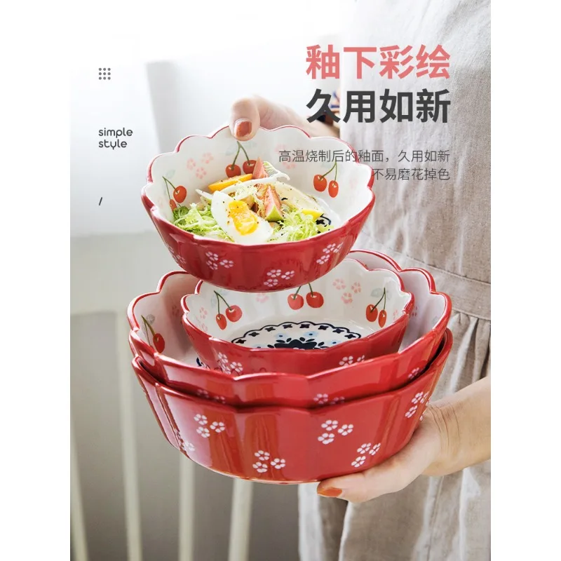 Japanese ceramic fruit salad bowl cute ins wind rice bowl high value creative cherry tableware set home.