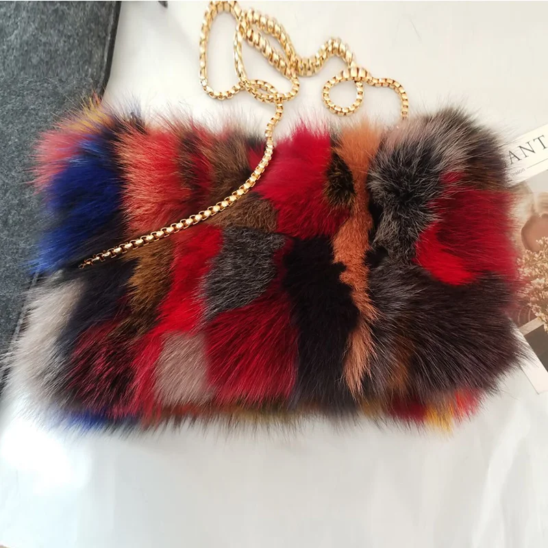 

Real Fox Fur Bag Women Fur Clutches Handbag Mini Chain Bag Single Shoulder Bags Real Fur Evening Bag Natural Colorful Fox Purse