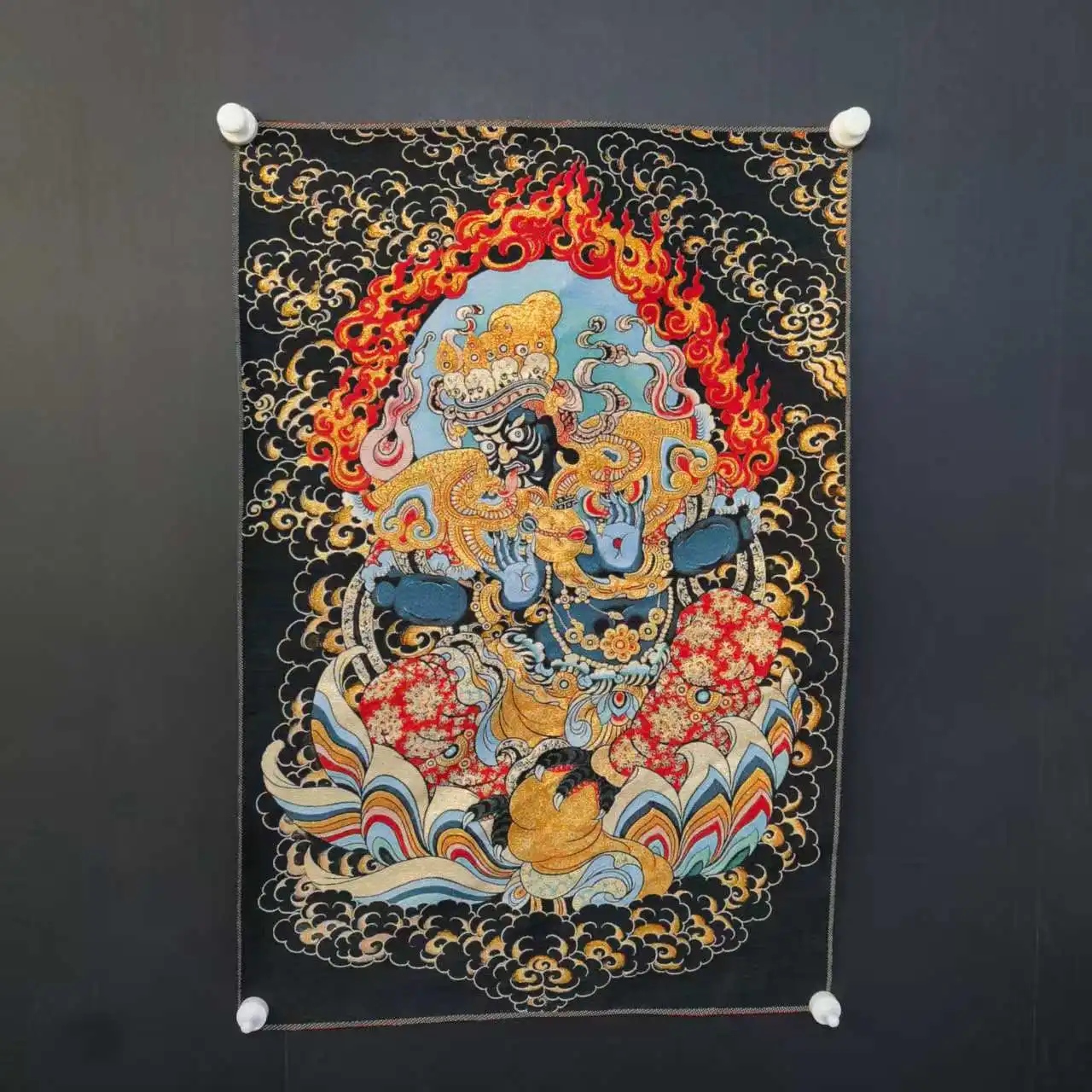 

35"Thangka Embroidery Tibetan Buddhism silk Embroidery brocade Nepal Zakila Mu Buddha Thangka hanging panel