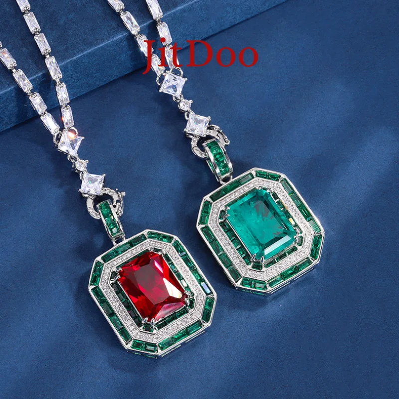 

JitDoo Rectangle 12*16mm Lab Green Gem Emerald Red Ruby Diamond Pendants Zircon Tennis Chain Necklace Luxury Jewelry For Women