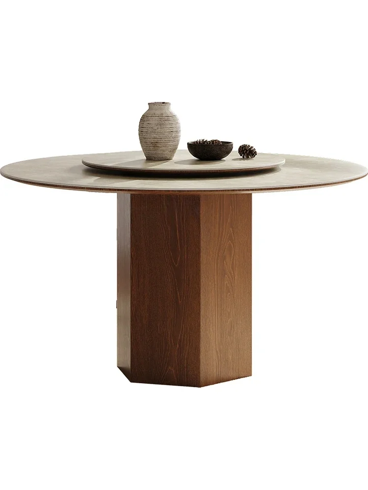 

French Retro Solid Wood Round Table Household Modern Minimalist White Wax Walnut Color Silent Style Matte Stone Plate Dining