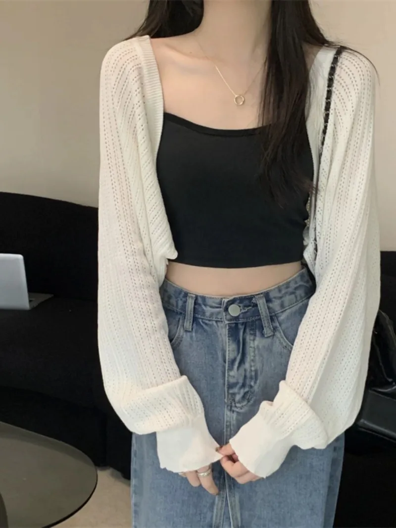 Summer Short Thin Loose Solid Color Knitted Sweater Women's New Short Style Sun Protection Hollow Out Cover Sweater Shawl Top