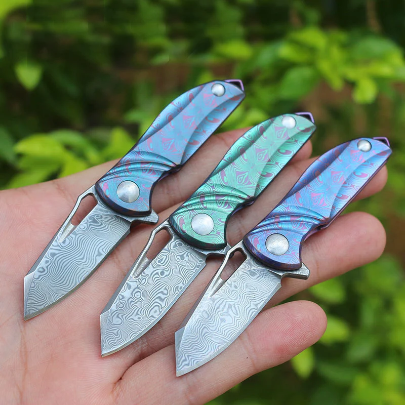 New style Mini Damascus steel folding blade knife Titanium handle handle outdoor tools camping self-defense knife