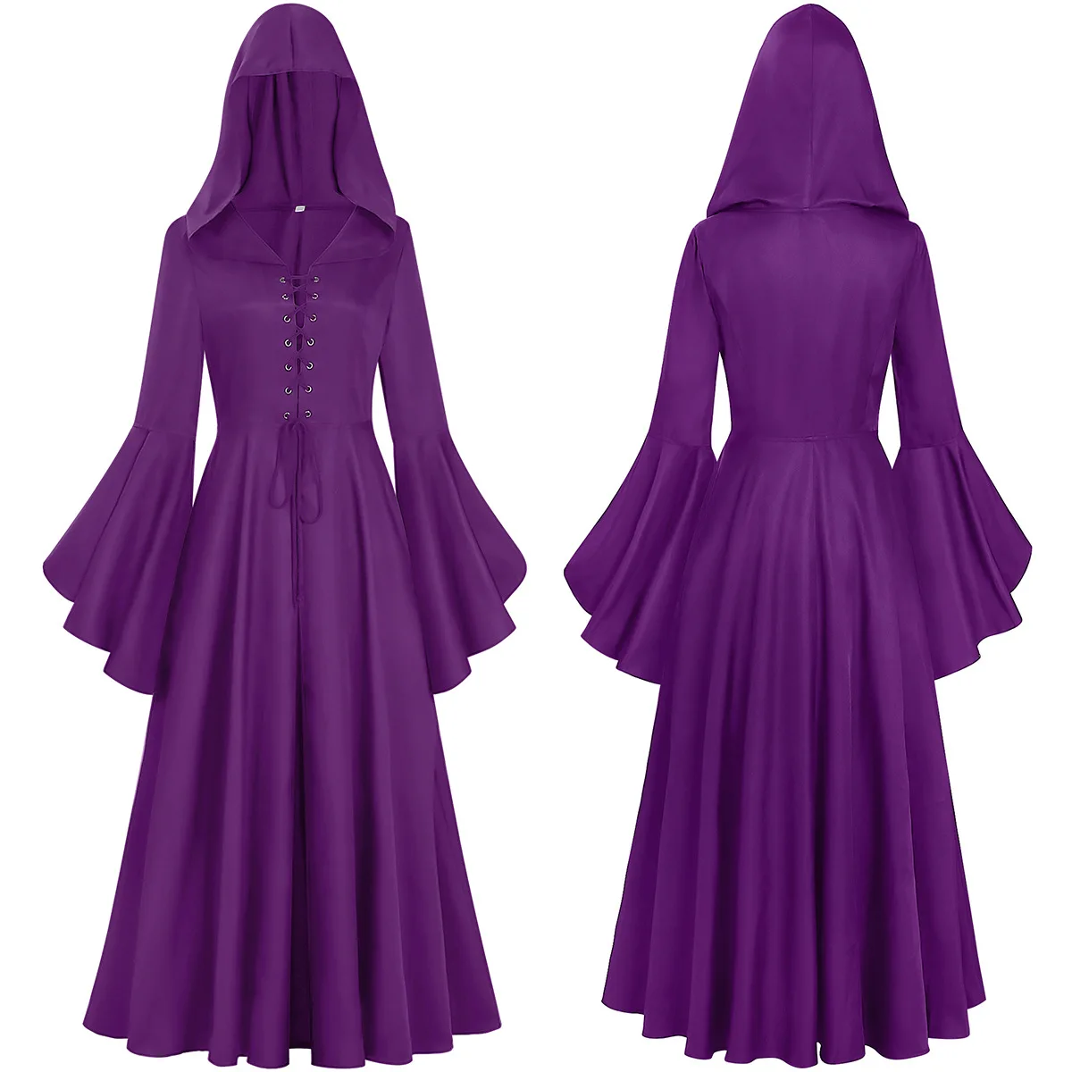

2026 New Womens Renaissance Costume Halloween Dress Medieval Hooded Pirate Bell Sleeve Peasant Dress Gothic Dress Hooded