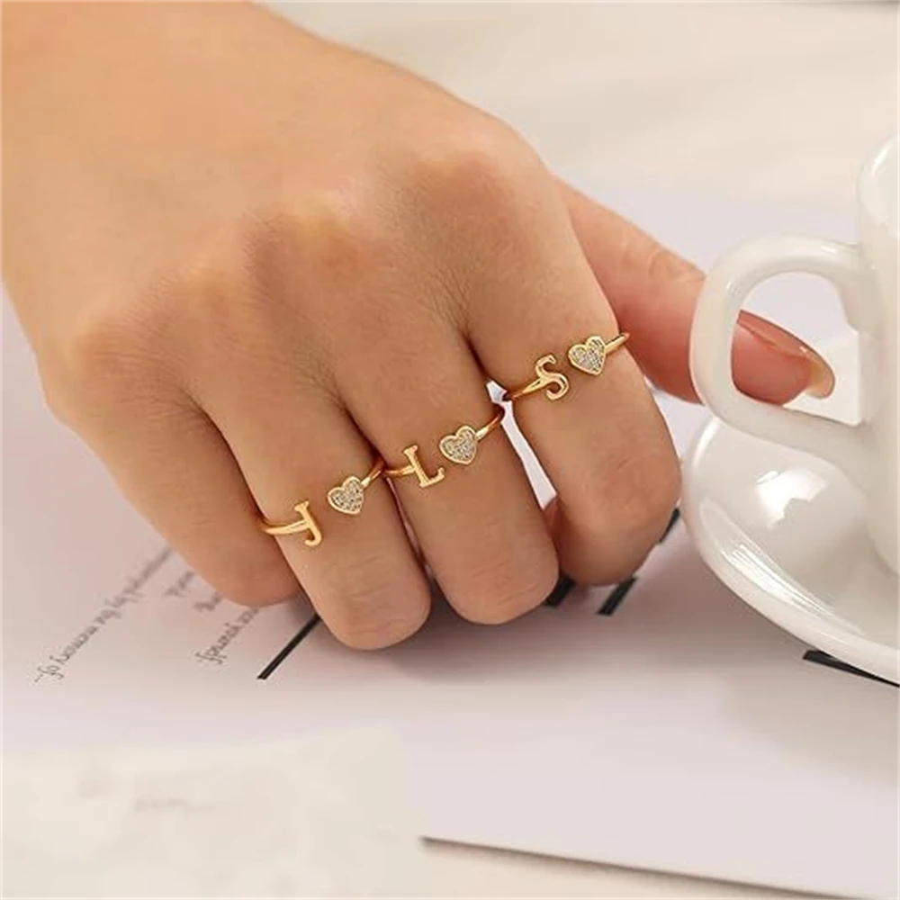 Trendy Crystal Heart Rings Gold Plated Capital Letter Initial Stackable Ring Adjustable Jewelry For Women Christmas Gift