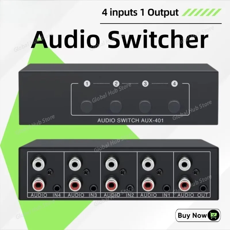 

Woopker 4 in 1 Stereo Audio Selector 4 Inputs 1 Output RCA AUX 3.5mm Passive Audio Switch Box Analog Sharer Audio Selector