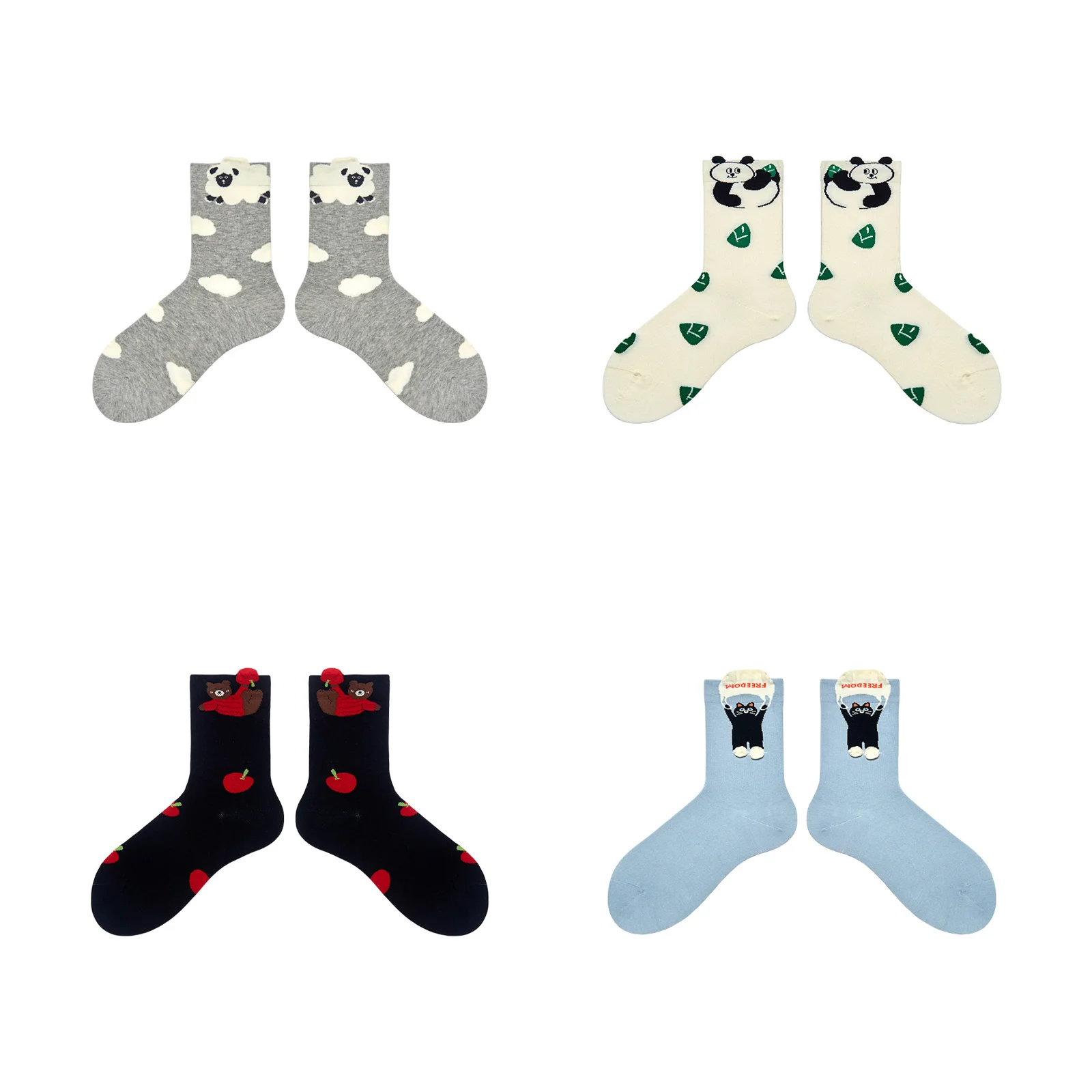 

Четыре комплекта жаккардовых носков средней длины с мультяшными рисунками ягнят, панд, медведей и котят, для весны и осени.