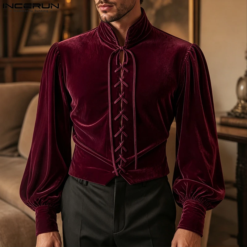 INCERUN Men's Shirt Velour Solid Color Stand Collar Long Sleeve Lace Up Men Clothes Streetwear 2026 Vintage Casual Tops For Man