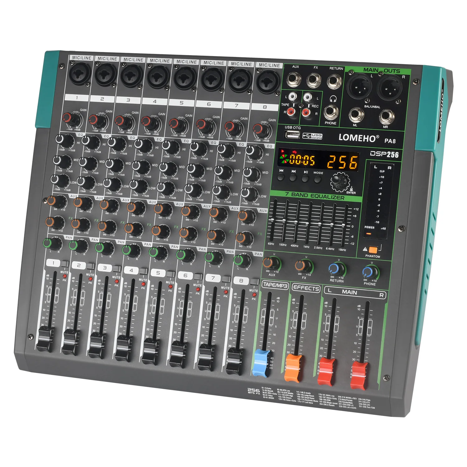 LOMEHO 8 Mono Channels Sound Mixer 256 DSP Effects Bluetooth Mixing Console 7 Band EQ 48V USB Aux Audio Table for Small Show PA8