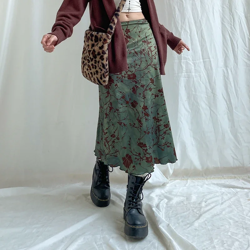 Rockmore groene bloemen bedrukte midi rok Fairycore Grunge Y2K esthetiek Vintage lage taille dames Harajuku outfit kleding