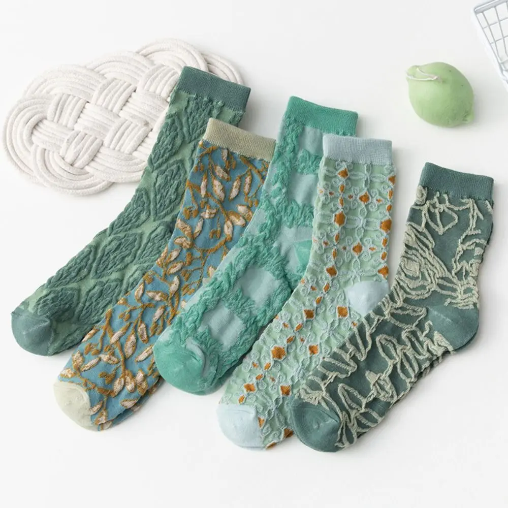 5 Pairs Vintage Japanese Floral Textured Socks 3D Textured Mid Calf 3D Embroidery Stockings Boho Ethnic Stacked Socks Women