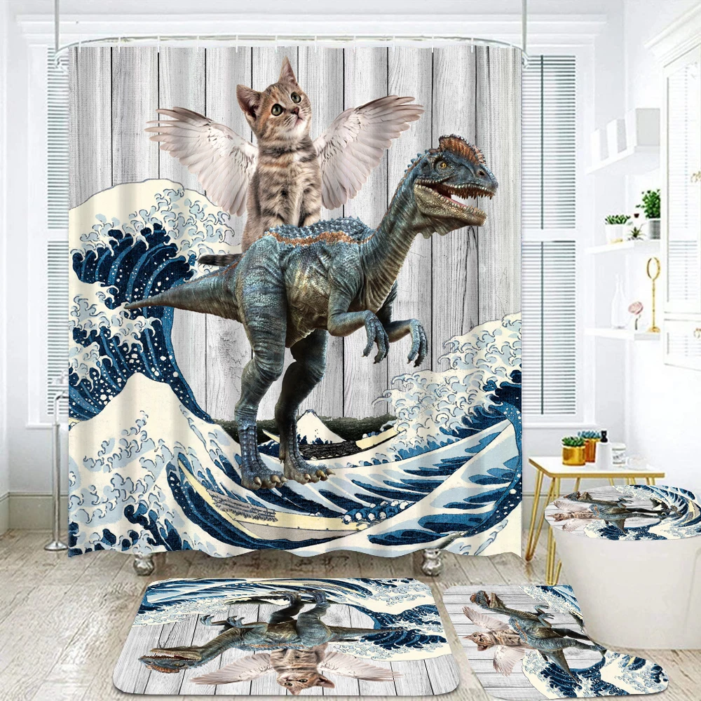 

Creativity Funny Dinosaur Shower Curtain Set Toilet Cover Bathroom Non-Slip Rug Bath Mat Animal Waterproof Bathtub Curtains