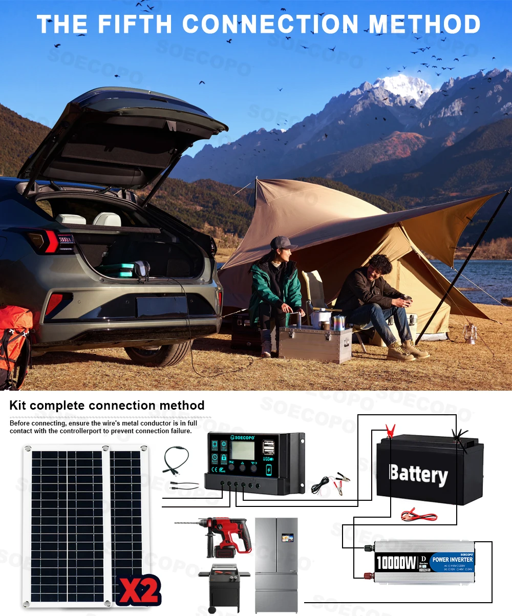 SOECOPO 10000W External Solar Panel Camping 100A Controller Solar Kit Home DC 12V - AC 110V/220VInverter 2*200W Solar Panels
