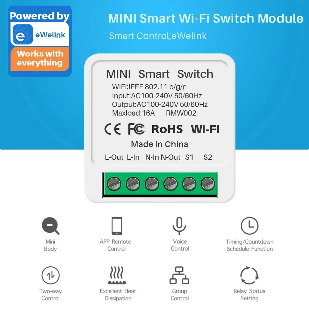 16A EWelink Wifi Switch Mini Smart 2-Way DIY Switches Circuit Breaker Timer Module Support Alexa Google Home Alice SmartThings