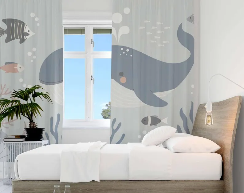 Ocean Whale Curtains Sea Animals Nursery Decor Kids Bedroom Black Out Baby Room Curtain Living Room Curtains