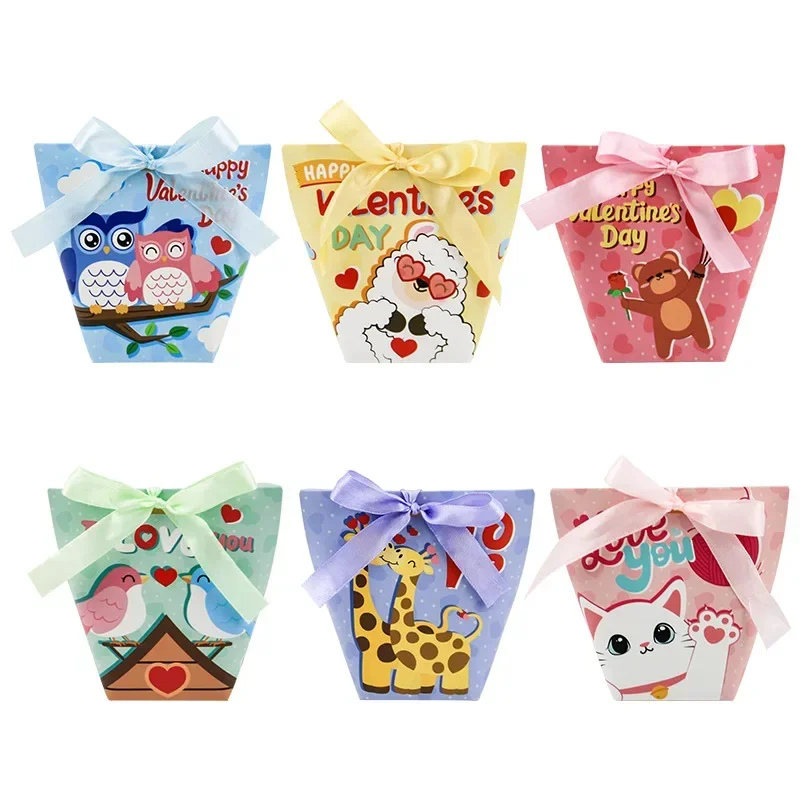 12pcs Cute Animal Design Valentines Day Candy Box Event Party Cookie Packaging Box With ribbon Wedding Valentines Day Gift