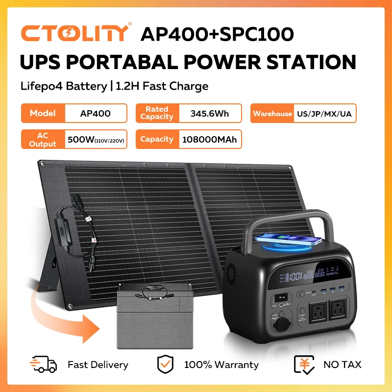 CTOLITY AP400 Portable Power Station 100W Solar Panel 500W Solar Generator LiFePo4 Battery Outdoor Emergency Backup Battery RV