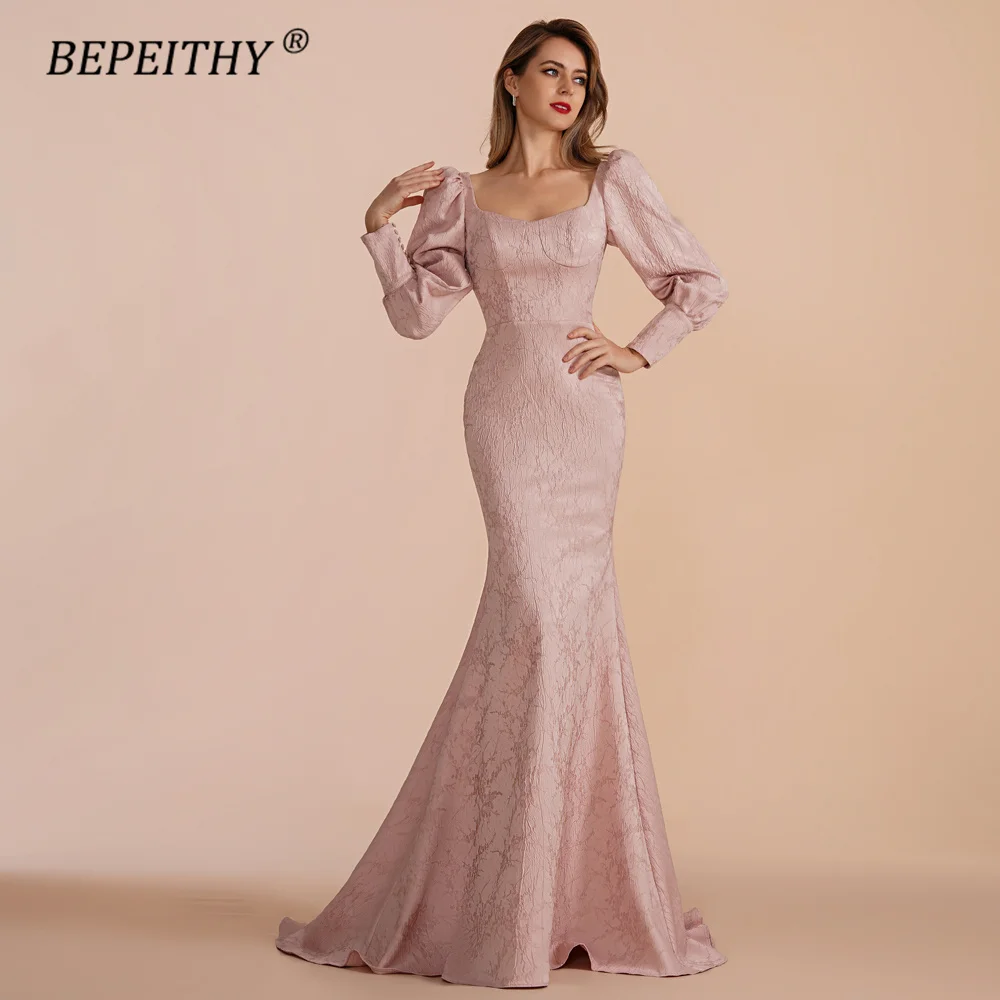 BEPEITHY Customized Mermaid Long Prom Dresses Evening Full Sleeves Floor Length Square Speical Occasion Formal Gown 2023 Women