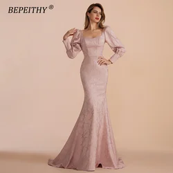 BEPEITHY Customized Mermaid Long Prom Dresses Evening Full Sleeves Floor Length Square Speical Occasion Formal Gown 2023 Women