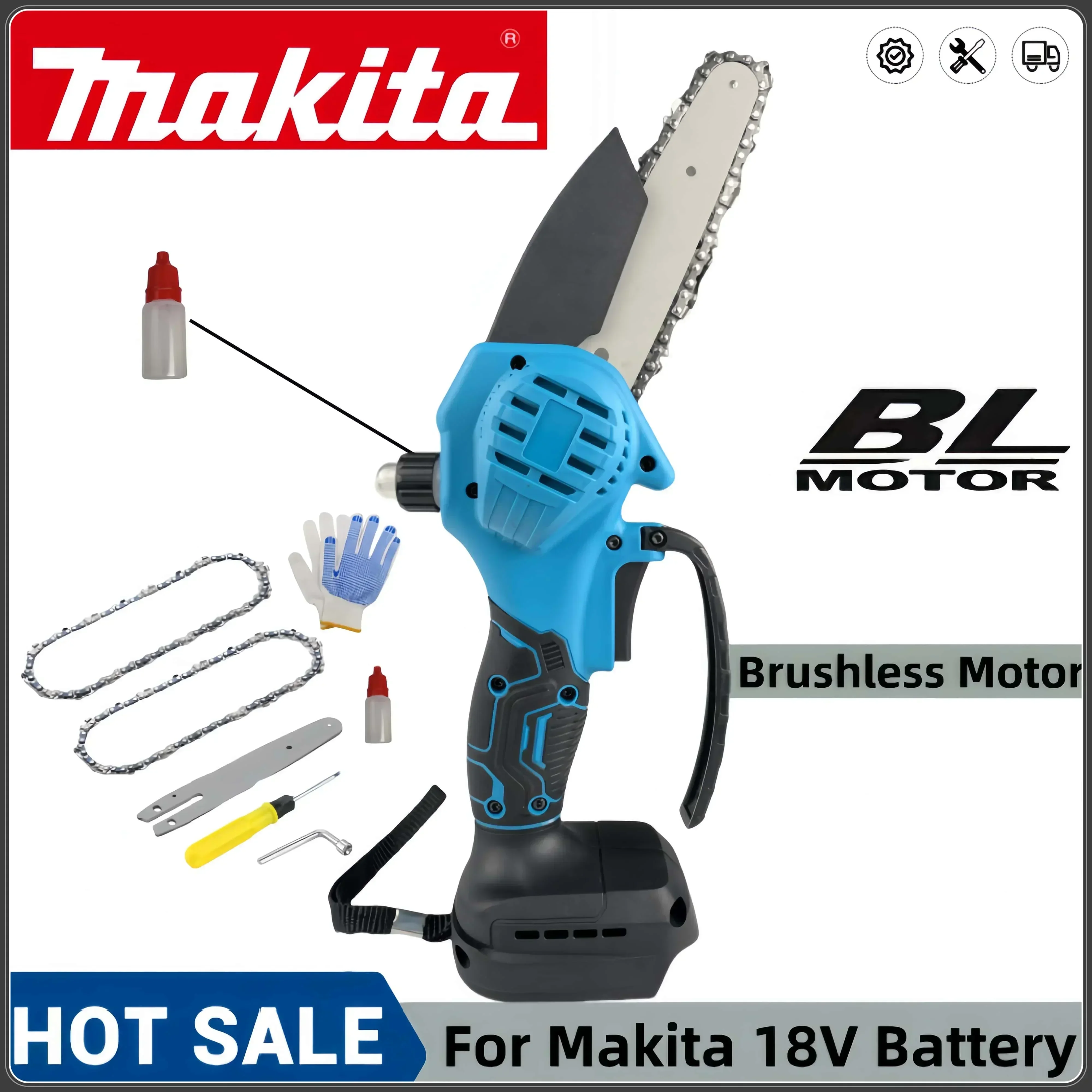 Makita New 6 Inch Brushless Chain Saw Cordless Mini Handheld Pruning Saw Woodworking Electric Saw Cutting Tool Makita 18VBattery