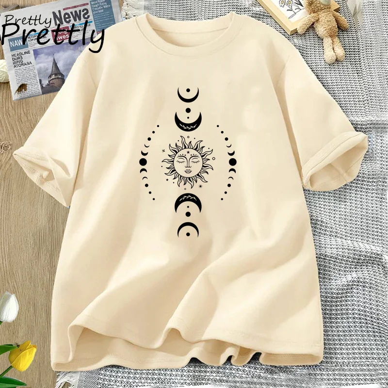 Sun and Moon Pritned T Shirt Celestial Boho Mystical T-shirt Magic Moon Short Sleeve Tshirt Women Harajuku Cotton Tee Streetwear