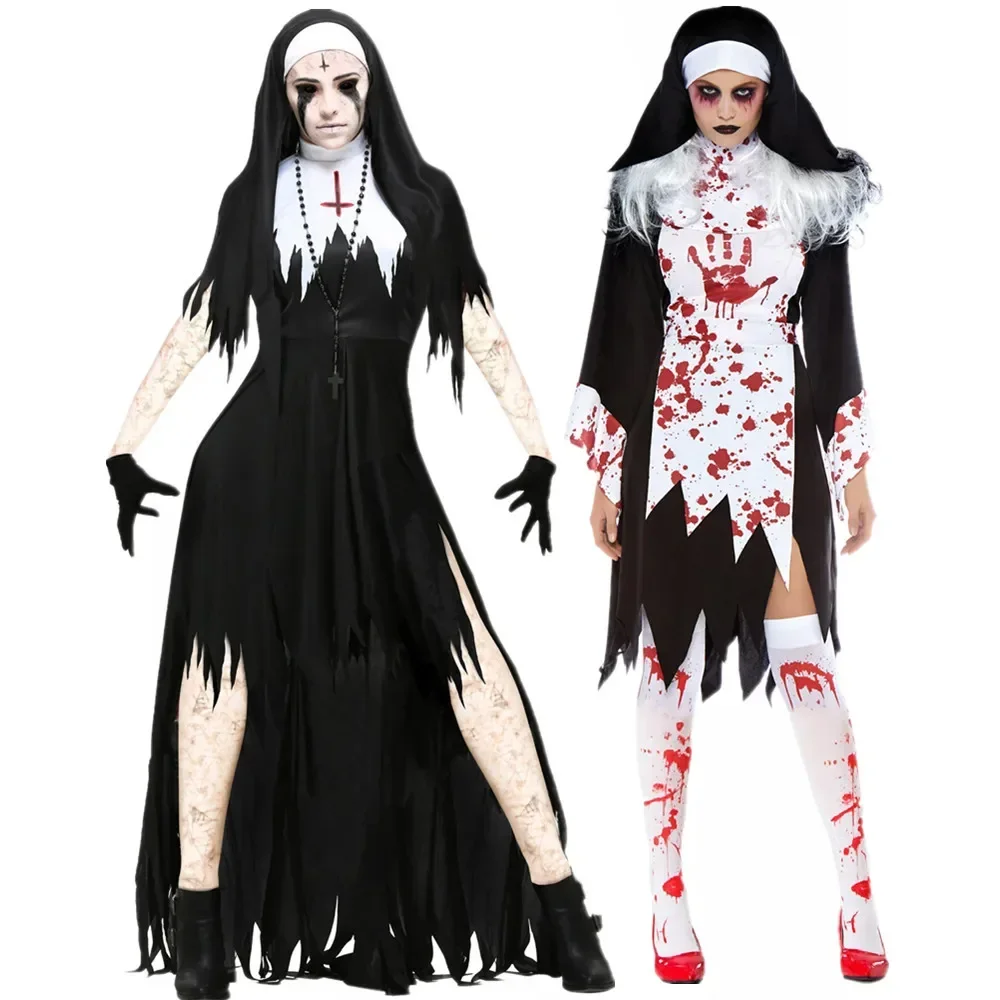 Halloween Nun Cosplay Costume Women Scary Sinful Sister Costumes Vampire Demon Costume Cross Print Long Dress