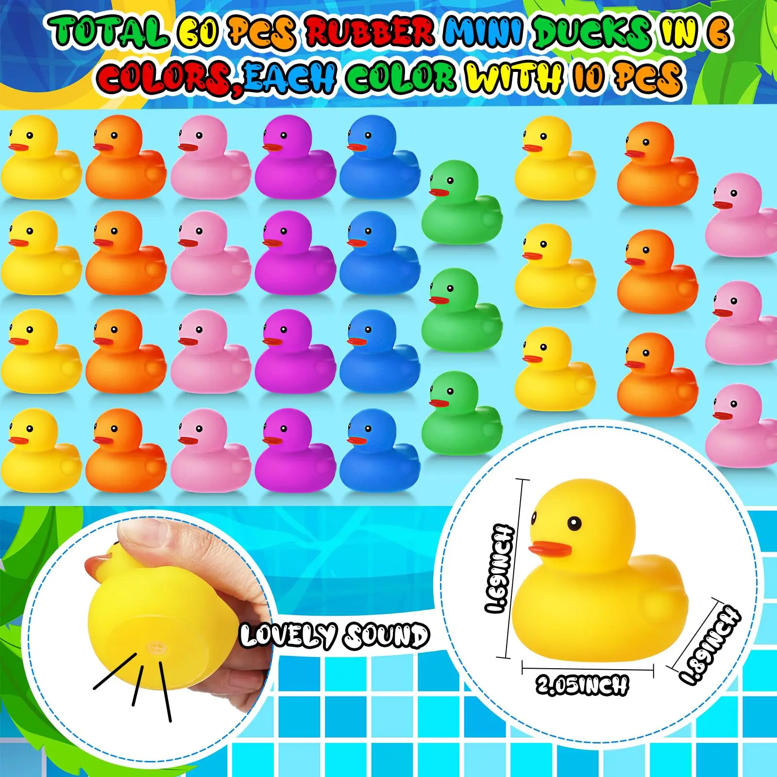 140Pcs Rubber Mini Duck Bulk Summer Rubber Duck Sunglasse/Necklace/Hat/Swim Circle/Hat/Bath Toy for Baby Shower Swim Party Gift