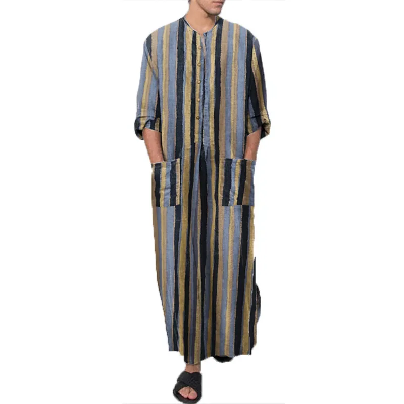 Fashionable and Breathable Men\'s Jubba Thobe in Ethnic Striped Print for All Seasons