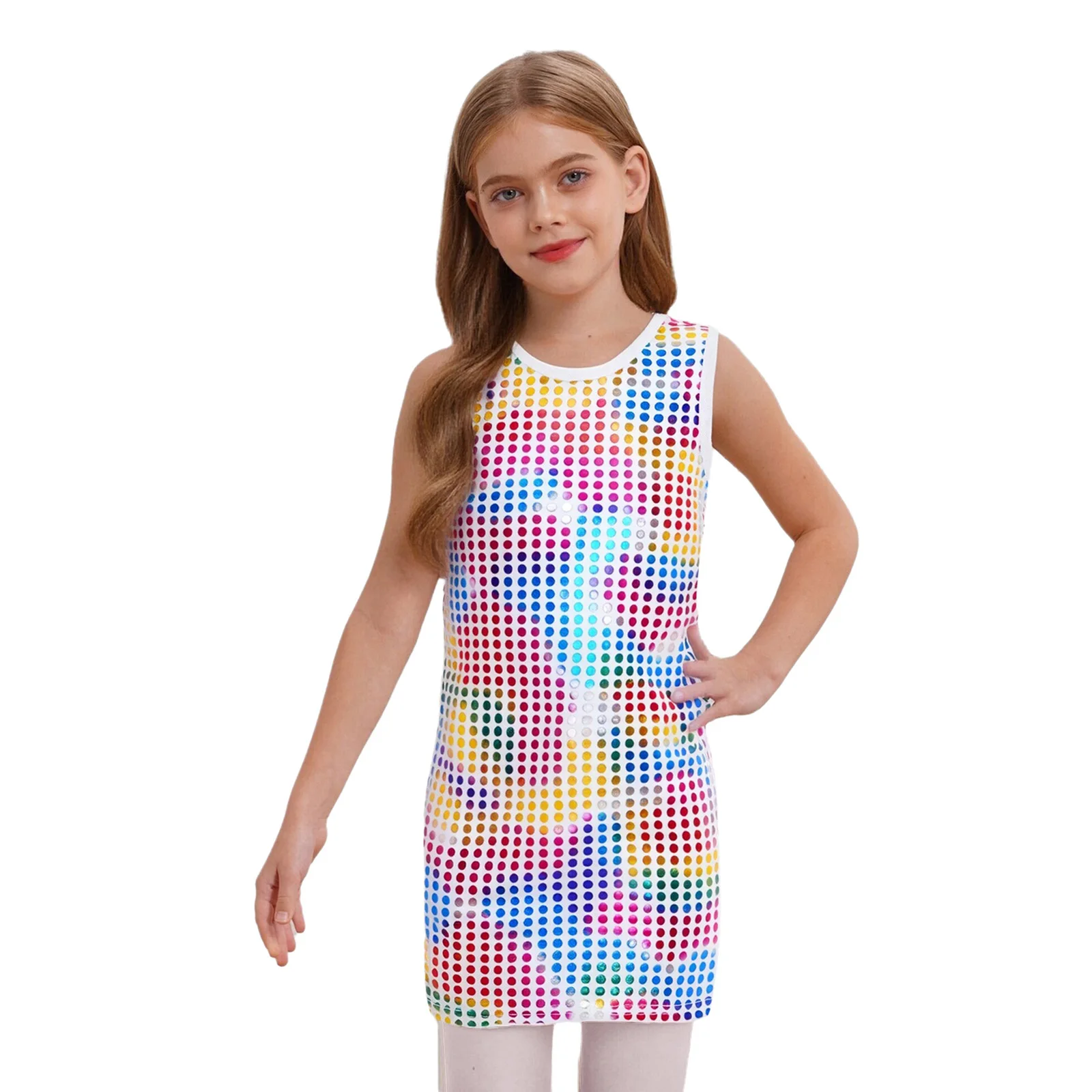 

Kids Girls Metallic Dots Tank Dress Jazz Dance Dress Sleeveless A-line Dress 70s 80s Disco Dance Performance Costume Streetwear