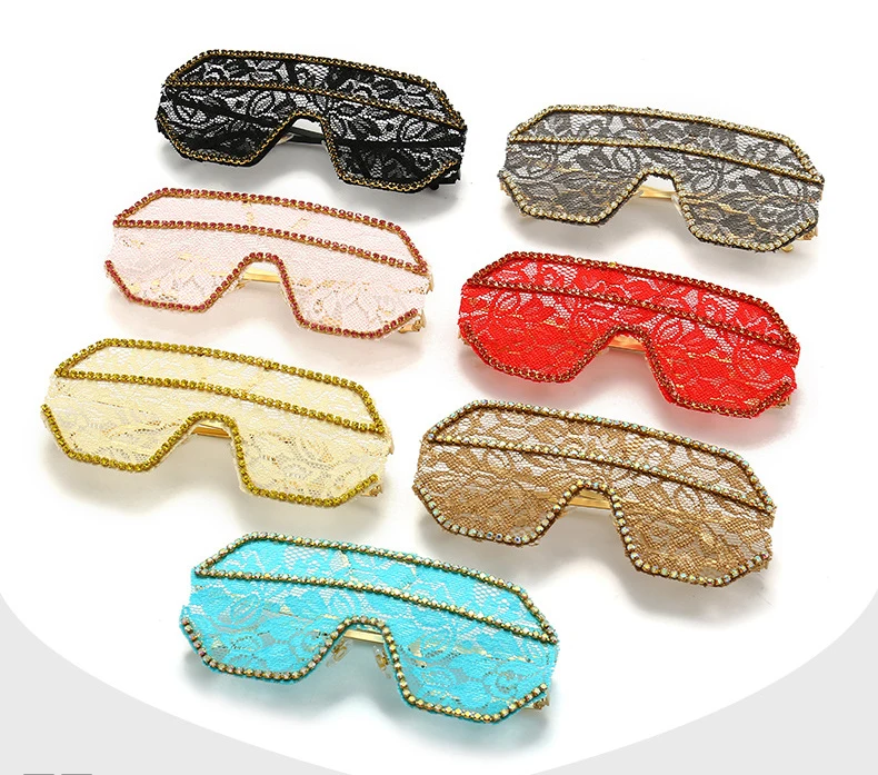 Ein Stück Floral Spitze Sonnenbrille Frauen Punk Großen Rahmen Diamant Sonnenbrille Weibliche Flache Top Strass Outdoor Fashion Brillen – Detail 1