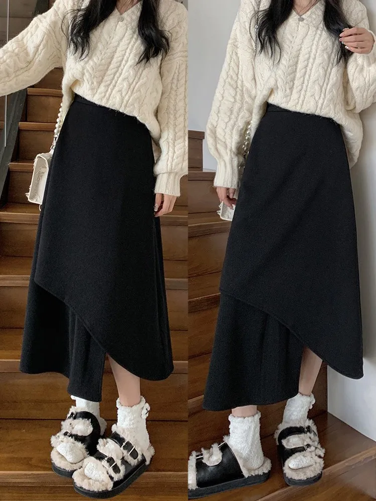

Black Asymmetrical Suit Skirt plus Size Women's High Waist A-Line Umbrella Skirt Casual Korean Style Commute Pure Color
