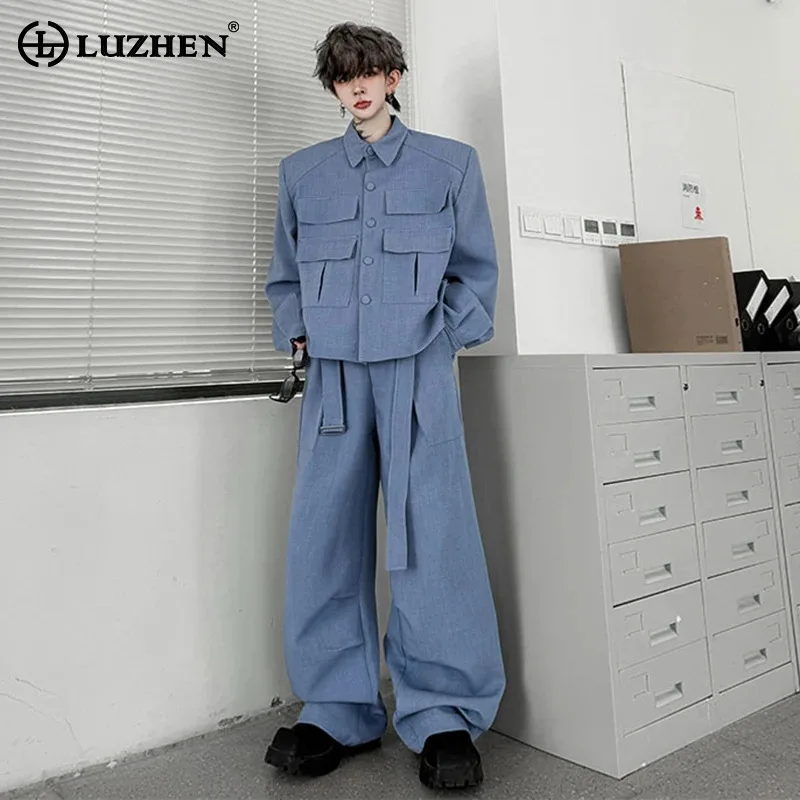 

LUZHEN однотонные уличные комплекты из двух предметов, новинка 2025, оригинальная куртка-карго с несколькими карманами, мужские свободные прямые брюки JY4463
