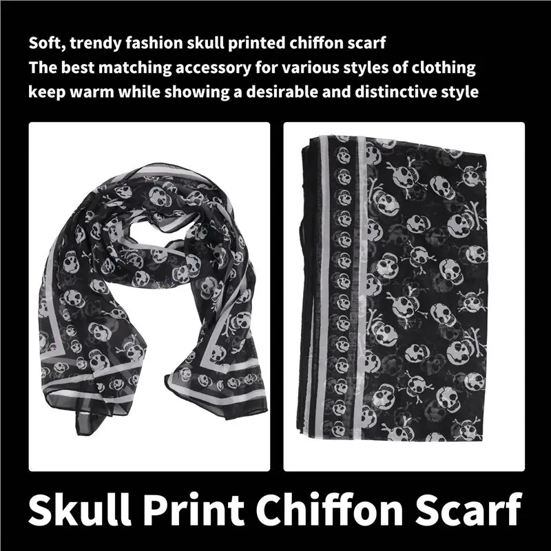 A44I-Black Chiffon Silk Feeling Skull Print Fashion Long Scarf Shawl Scaf Wrap For Women + Keyring