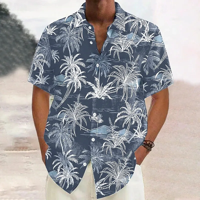 Camicia hawaiana da uomo con stampa di palme Camicie casual estive a maniche corte con risvolto Abbigliamento oversize da viaggio all'aperto maschile