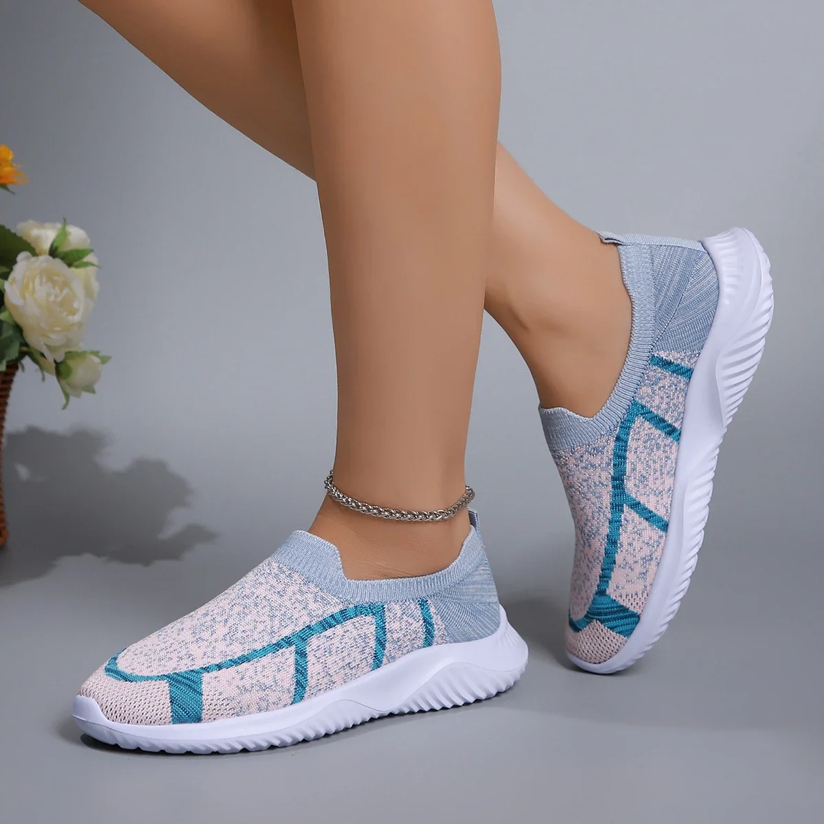 Fashion Printed Knitted Sneakers for Women 2024 Spring and Autumn Mesh Breathable Running Women's Soft-soled Casual Flat Shoes