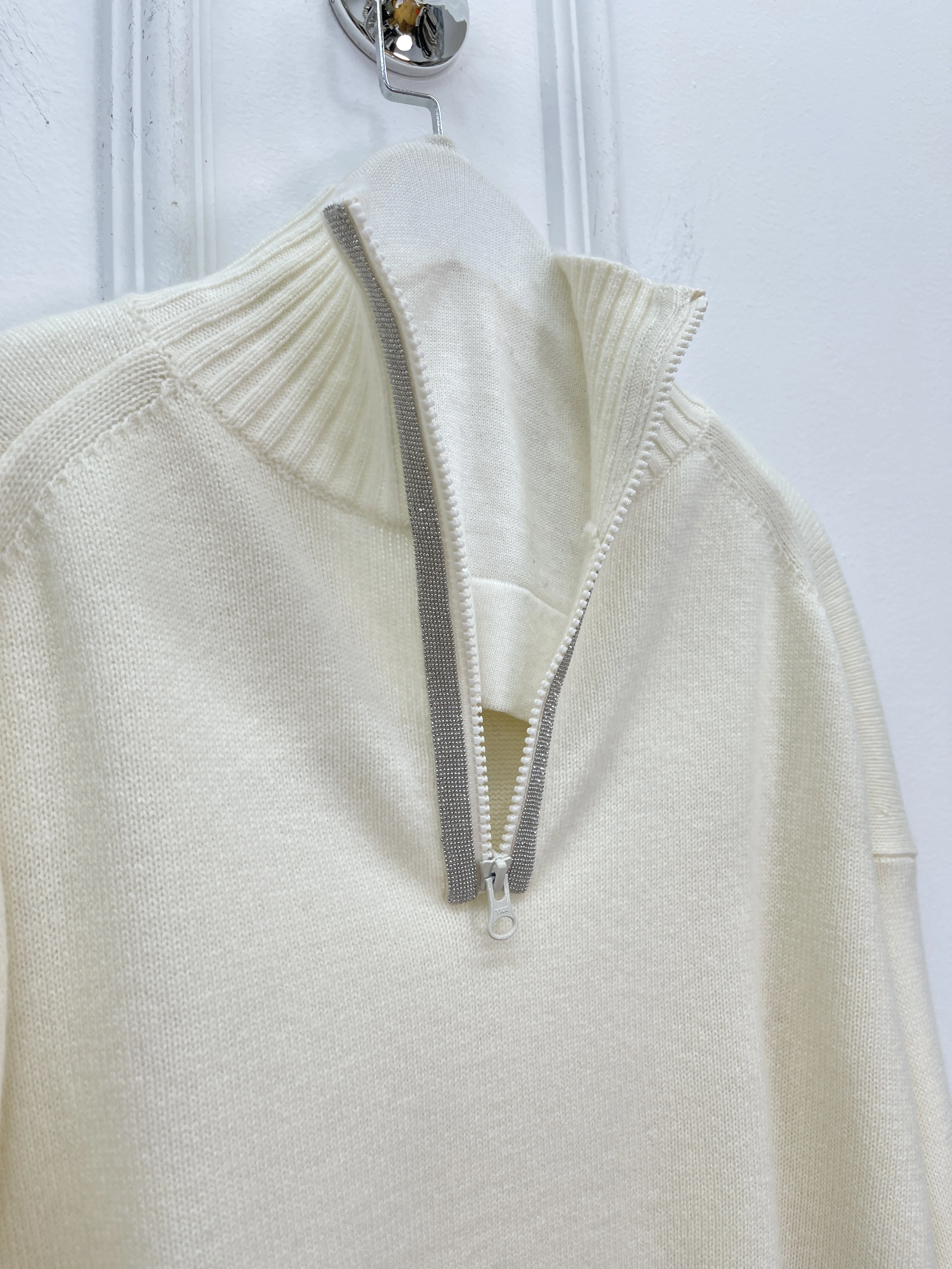 2925 Herfst En Winter Nieuwe Kasjmier Wol Kralen Revers Trui Half Open Borst Casual All-Match Gebreide Tops Voor vrouwen