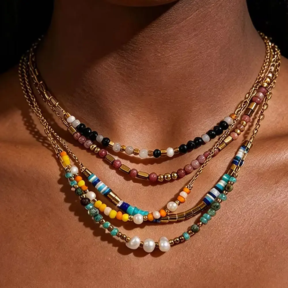 Edelstahl Boho Bunte Perlenkette für Frauen Sommer Bohemian Gemischte Perlen Kristall Choker Strand Schmuck Accessoires Geschenk