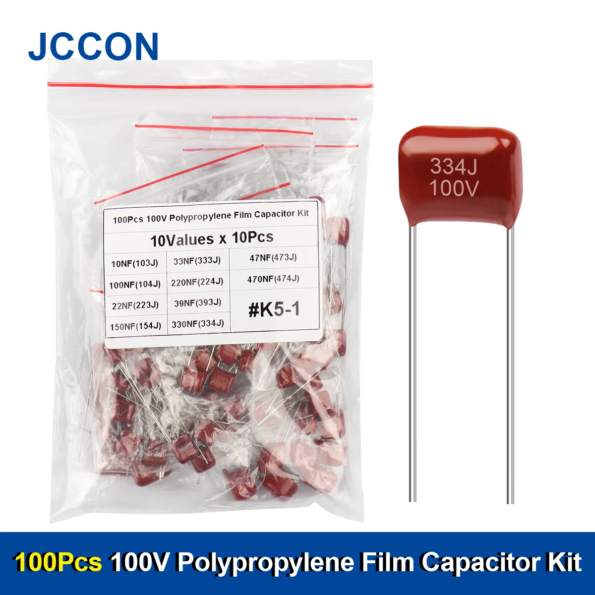 

100Pcs 10 Values JCCON CBB Metallized Polypropylene Film Capacitor Assortment Kit 100V 103 223 333 393 473 104 224 334 154 474