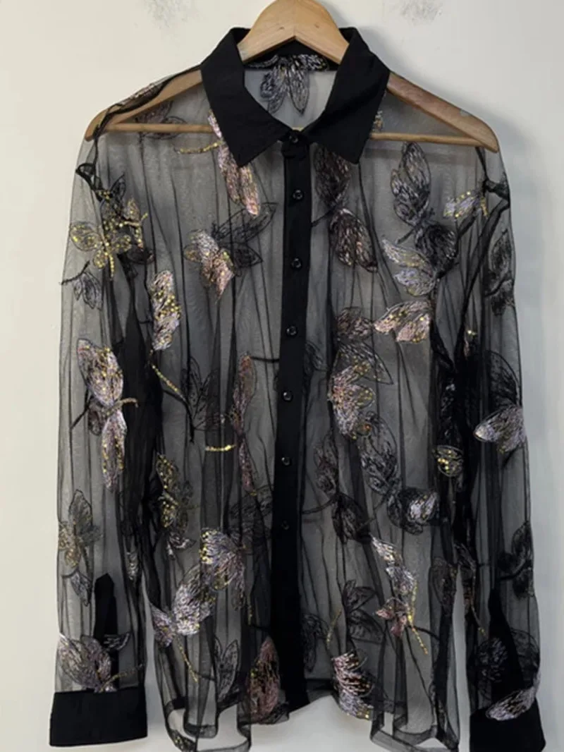Sheer Mesh Design Men's Shirt Sequin Embroidery Decoration Niche Trend Long Sleeve Single-breasted Loose Men Shirts CVBG