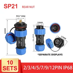 10 Sets  SP21 2/3/4/5/7/9/12 pin waterproof connector,waterproof electrical Male and female connectors waterproof electrical wir