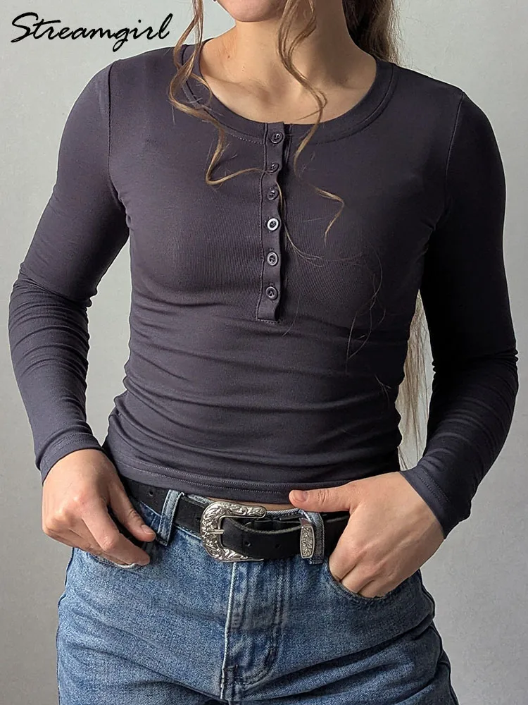 Basic Button Up T Shirts For Women Long Sleeve Top Spring Solid Pullover White Tees Slim Fit Women Long sleeve T-shirts For Lady