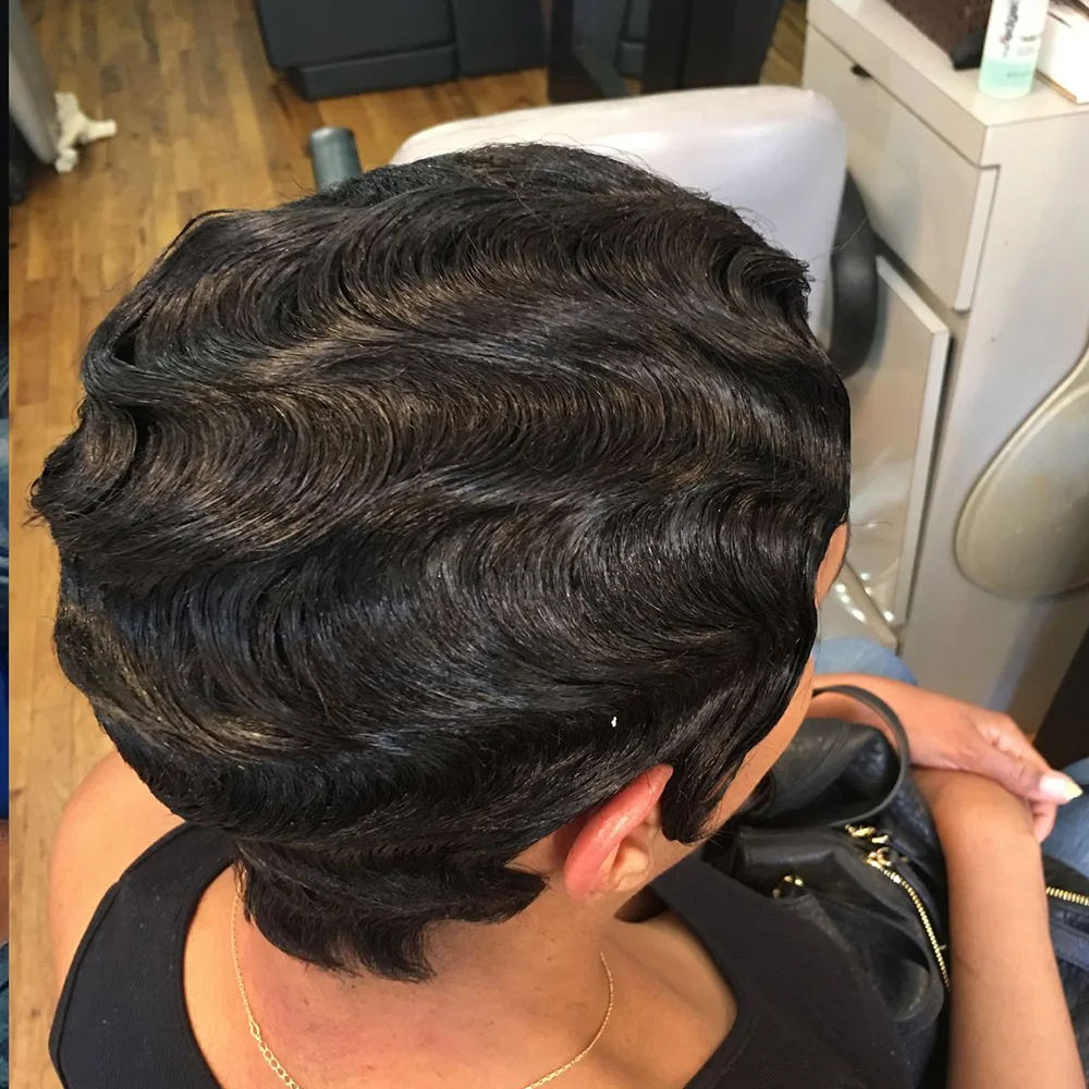 Peruki z krótkimi falami, peruka pixie cut, naturalny czarny kolor dla kobiet, krótka peruka z falami oceanicznymi, peruka wykonana maszynowo
