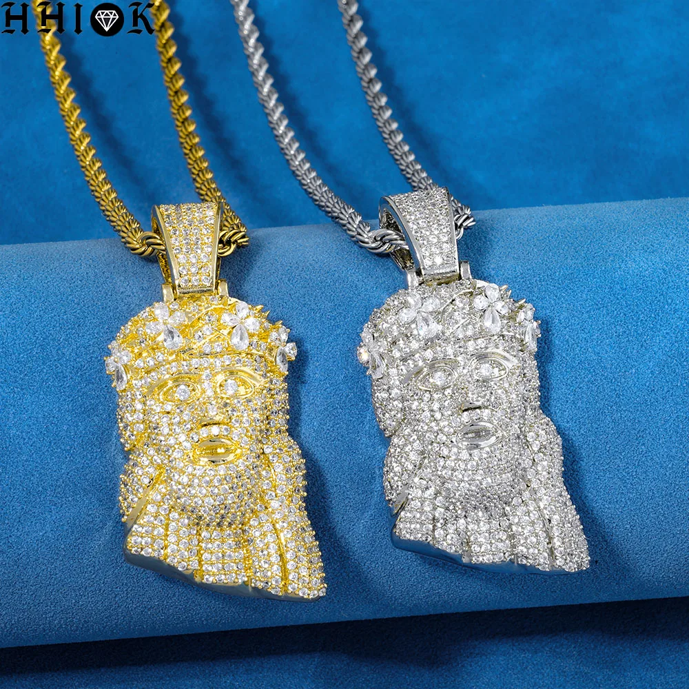

HHIOK Iced Out Jesus Pendant Necklace Men Women Hip Hop Cubic Zirconia Jewelry Honeycomb Hollow Back Charm Party Gift