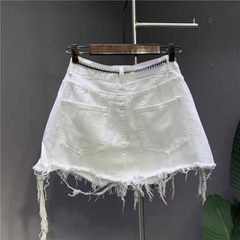 New Korean White Raw Irregular Denim Skirt Women's Anti-Walk Naked Hole Pocket Exposed Short Skirt