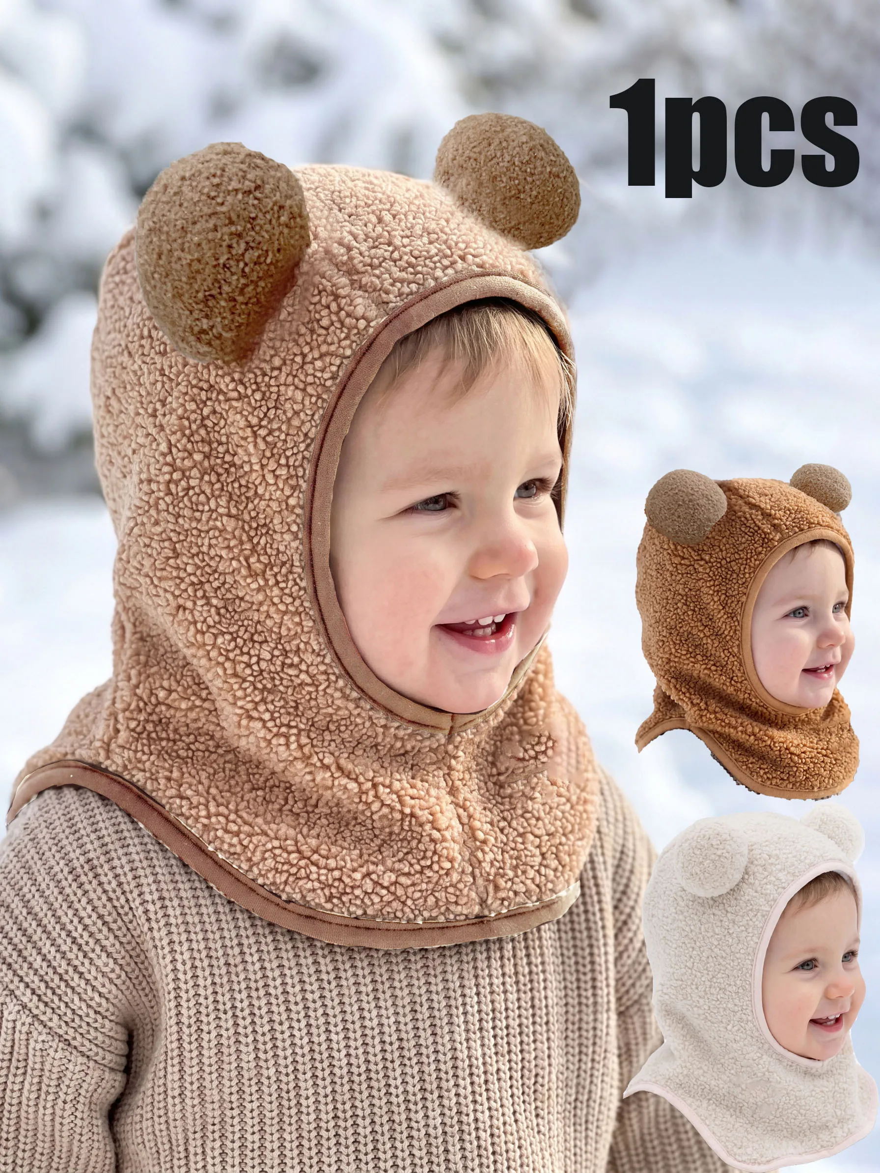 1pcs 1-3Y Cute Boys Kids Knit Balaclava, Casual Double Pom Pom Decor Soft Thin Integrated Cap