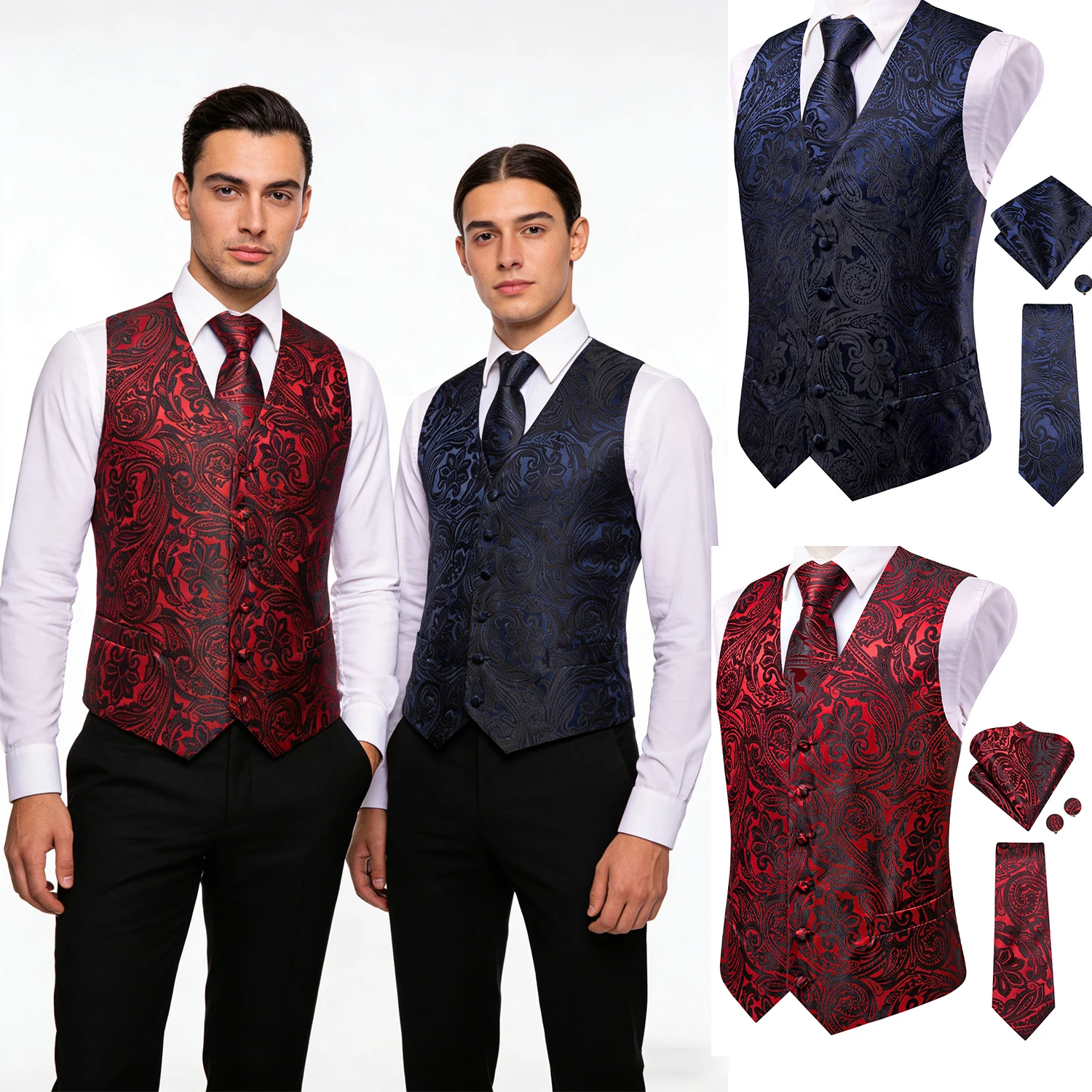

Men's Formal Jacquard Floral Vest and Tie Set – 2 Color Choices Ideal for Banquets, Garden Weddings Celebrations