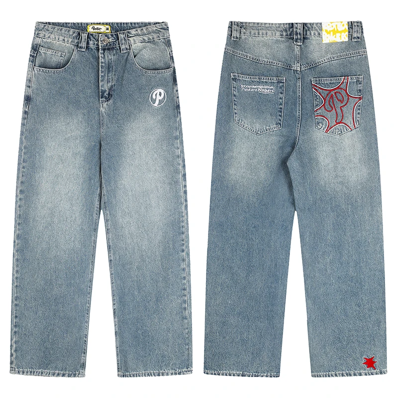 Europe America Vintage Protect Jeans 26FW Men Women Loose Fitted Embroidered Pattern Five-Star Light Blue Denim Pants