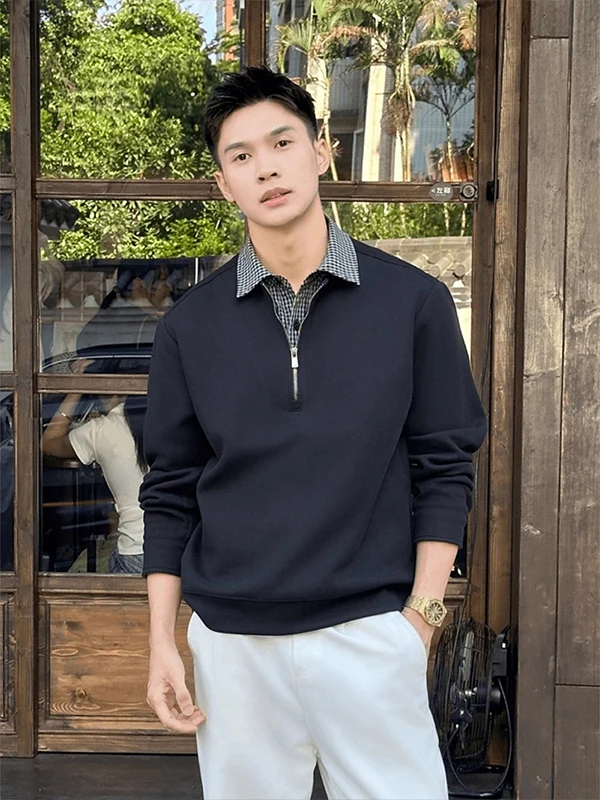 

Men's Long Sve irt Zipper Design Autumn Faion Plaid Base Layer Fake Two-Piece Sweatirt Casual Loose Fit Clothing